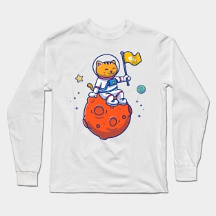 Cute Cat Astronaut Sitting On Moon With Flag Long Sleeve T-Shirt